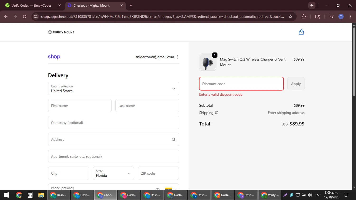 Mighty Mount promo code screenshot showing code PD20 applied at Mighty Mount checkout page. Uploaded by SimplyCodes community member snidertom8 on Oct 19, 2025