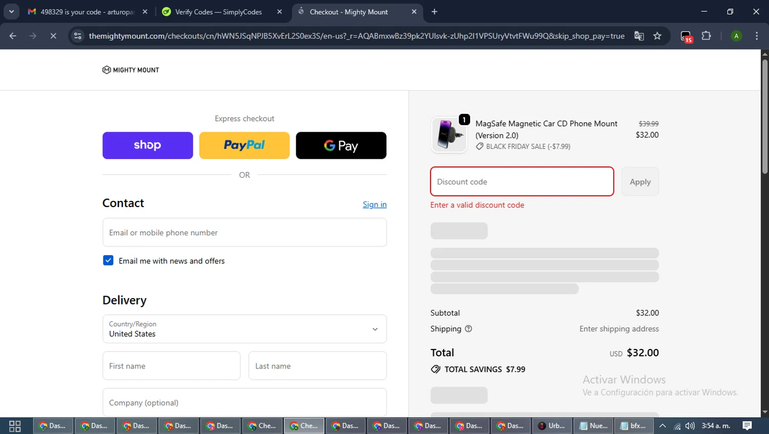 Mighty Mount promo code screenshot showing code MOUNT220 applied at Mighty Mount checkout page. Uploaded by SimplyCodes community member CashLynx5338 on Nov 15, 2025