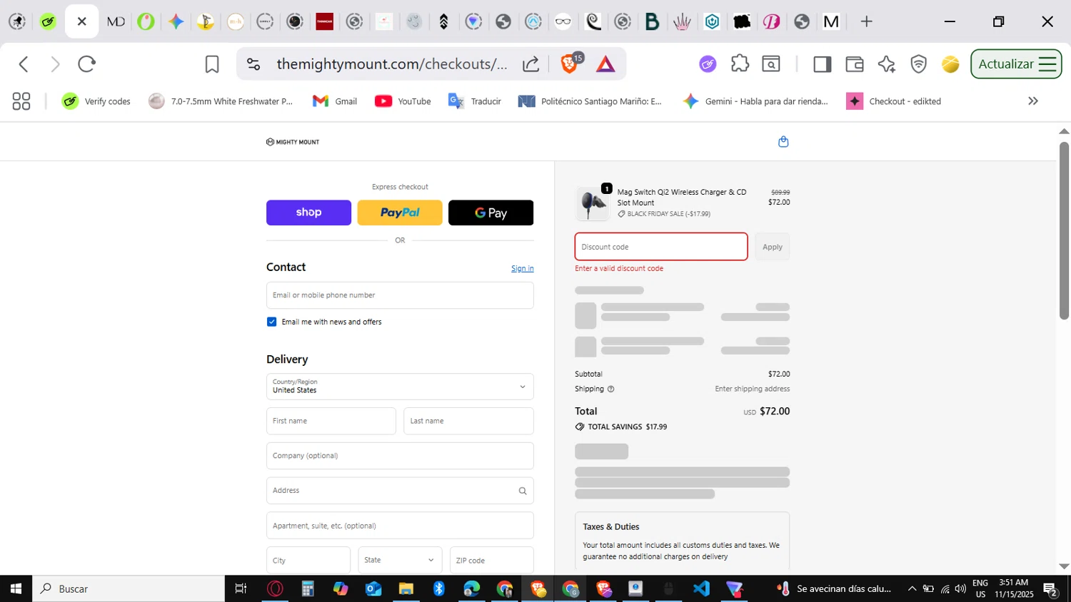 Mighty Mount promo code screenshot showing code MOUNT220 applied at Mighty Mount checkout page. Uploaded by SimplyCodes community member conorgrey on Nov 15, 2025