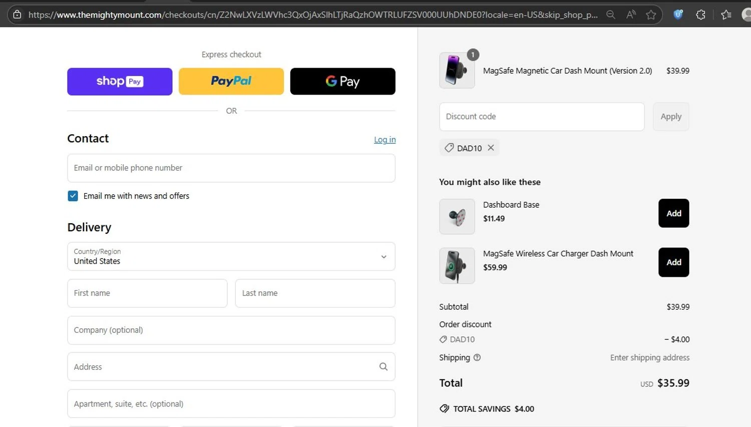 Mighty Mount promo code screenshot showing code DAD10 applied at Mighty Mount checkout page. Uploaded by SimplyCodes community member HonestVzla on Jun 13, 2025