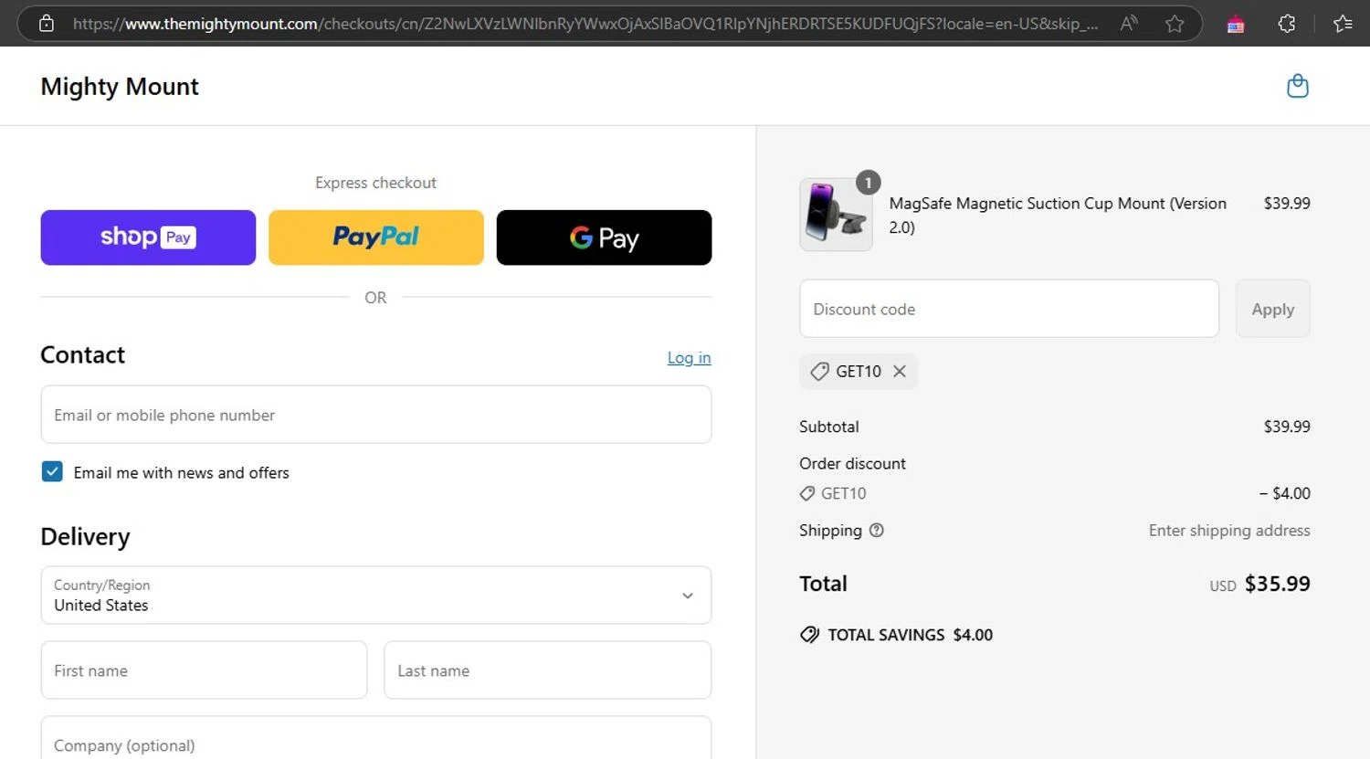 Mighty Mount promo code screenshot showing code GET10 applied at Mighty Mount checkout page. Uploaded by SimplyCodes community member HonestVzla on Mar 22, 2025