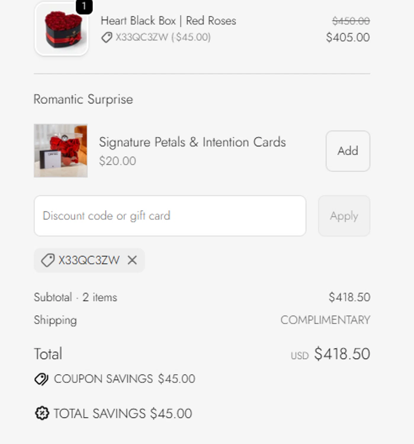 The Million Roses promo code screenshot showing code X33QC3ZW applied at The Million Roses checkout page. Uploaded by SimplyCodes community member SilverMakeup on Jun 17, 2026