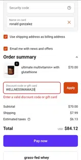 WELLNESSMAMA20 coupon verification screenshot