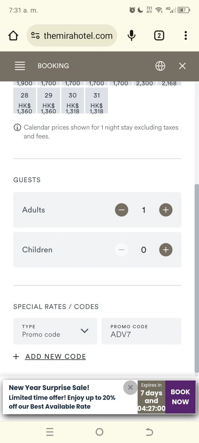 The Mira Hong Kong checkout page showing The Mira Hong Kong promo code box | Screenshot taken by SimplyCodes community member on Jan 20, 2024