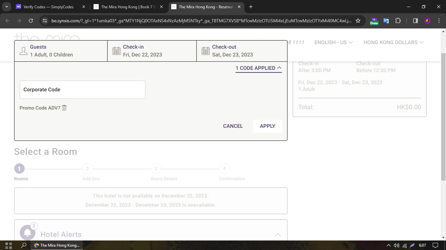 The Mira Hong Kong checkout page showing The Mira Hong Kong promo code box | Screenshot taken by SimplyCodes community member on Dec 22, 2023