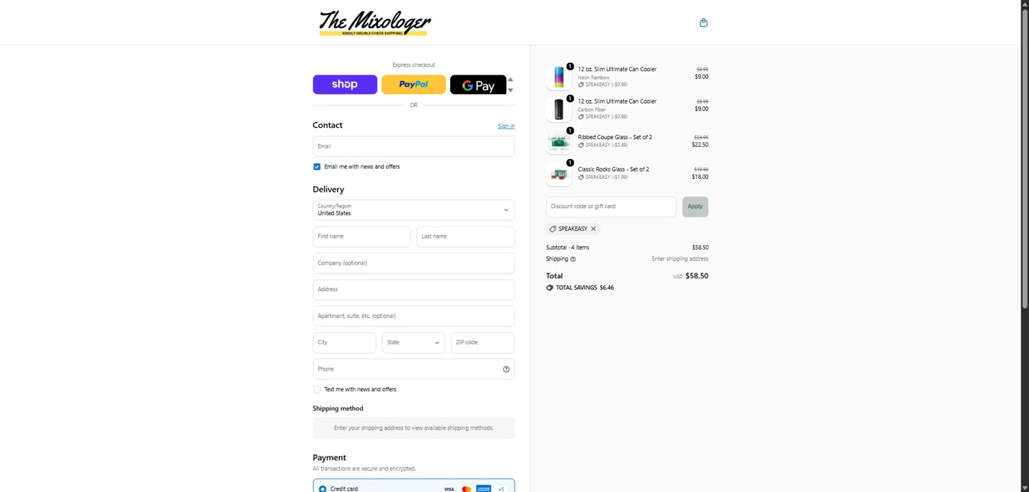 The Mixologer checkout page showing The Mixologer discount code box | Screenshot taken by SimplyCodes community member on Feb 6, 2026