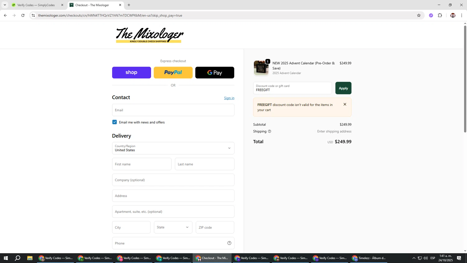 The Mixologer discount code screenshot showing code FREEGIFT applied at The Mixologer checkout page. Uploaded by SimplyCodes community member Salometta on Oct 24, 2025