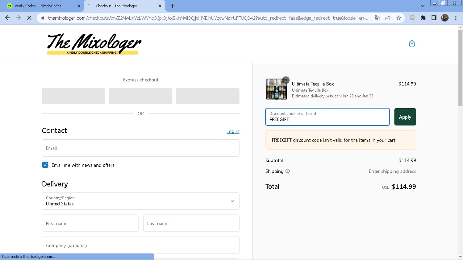 The Mixologer discount code screenshot showing code FREEGIFT applied at The Mixologer checkout page. Uploaded by SimplyCodes community member CoinScout855 on Feb 13, 2025