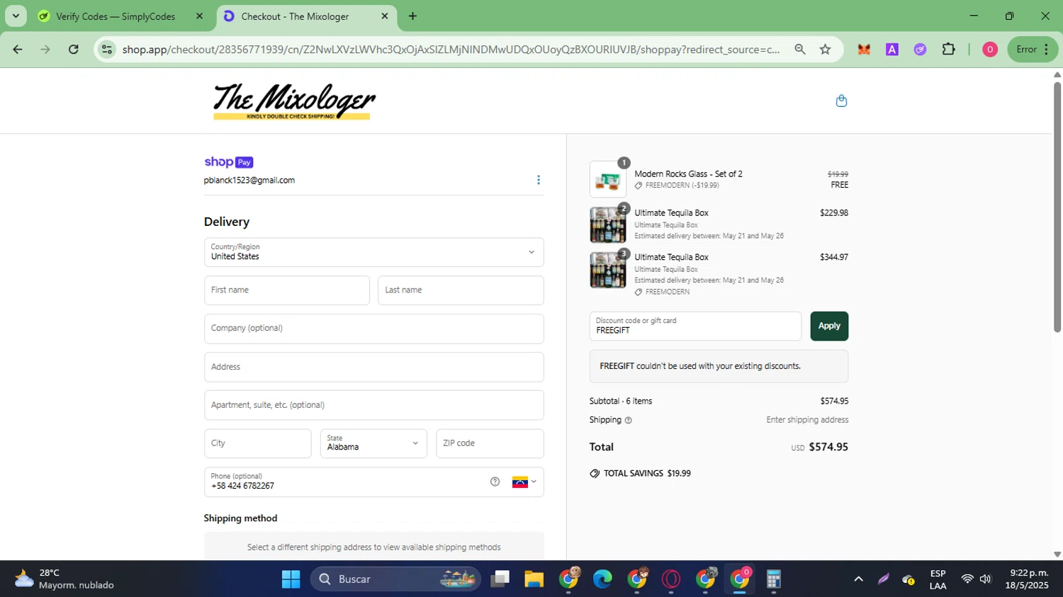 The Mixologer discount code screenshot showing code FREEGIFT applied at The Mixologer checkout page. Uploaded by SimplyCodes community member SilverVirtuoso7221 on May 19, 2025