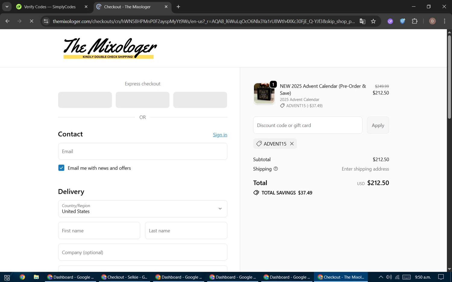 The Mixologer discount code screenshot showing code ADVENT15 applied at The Mixologer checkout page. Uploaded by SimplyCodes community member BrilliantWizard8884 on Nov 10, 2025