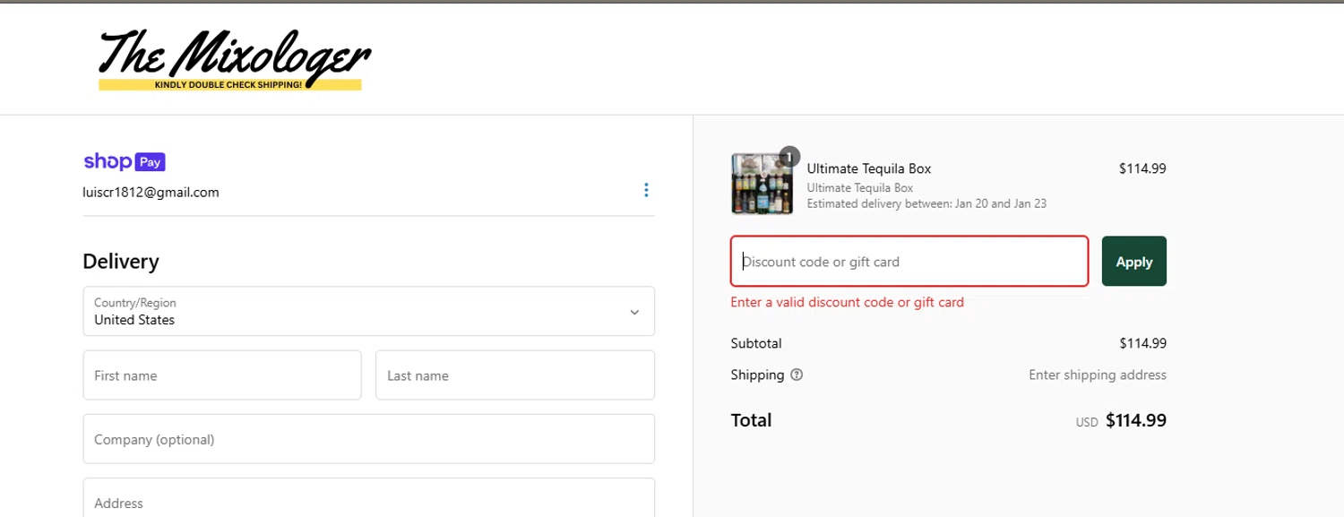 The Mixologer discount code screenshot showing code ADVENT15 applied at The Mixologer checkout page. Uploaded by SimplyCodes community member RoyalHunter7313 on Jan 16, 2025