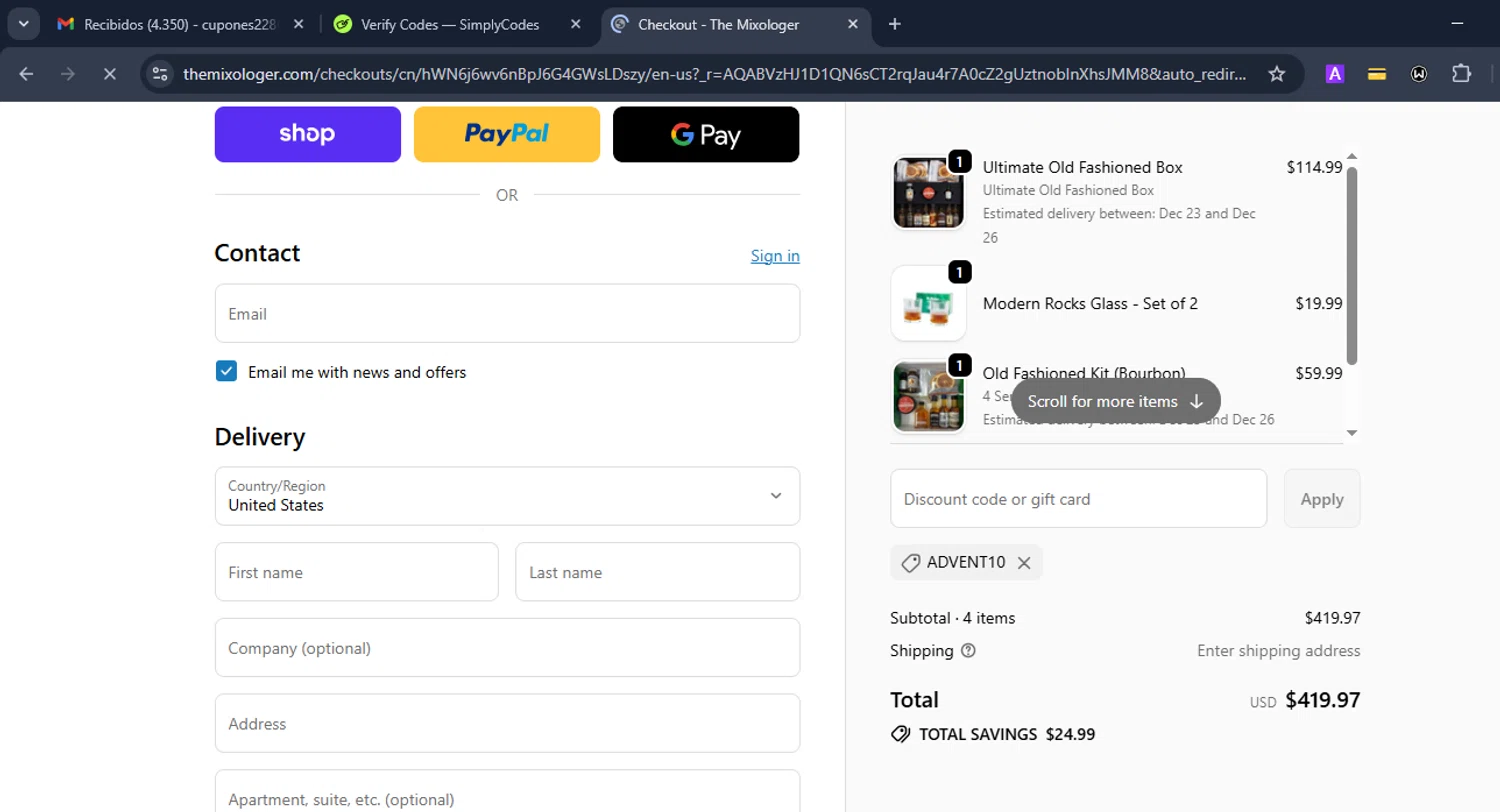 The Mixologer discount code screenshot showing code ADVENT10 applied at The Mixologer checkout page. Uploaded by SimplyCodes community member Eduard on Dec 22, 2025