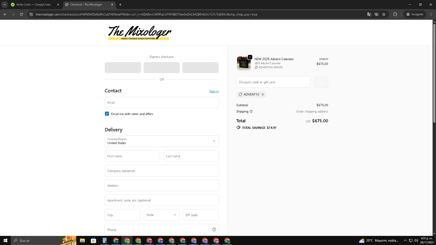 The Mixologer discount code screenshot showing code ADVENT10 applied at The Mixologer checkout page. Uploaded by SimplyCodes community member SUZUKIV on Nov 20, 2025