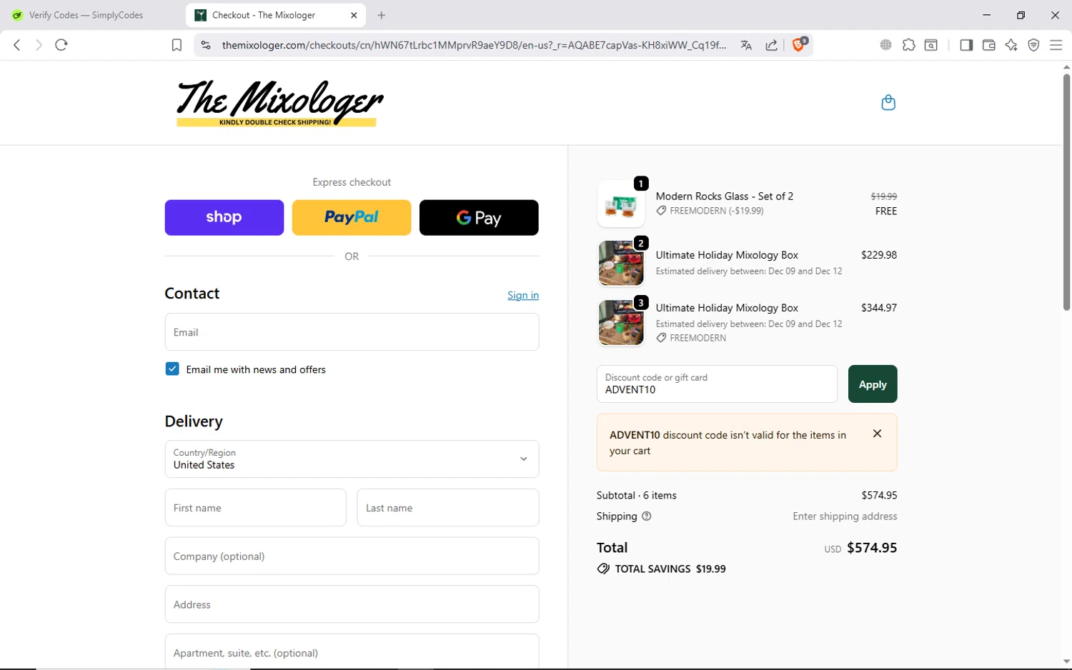 The Mixologer discount code screenshot showing code ADVENT10 applied at The Mixologer checkout page. Uploaded by SimplyCodes community member ShieldAdmiral6835 on Dec 6, 2025