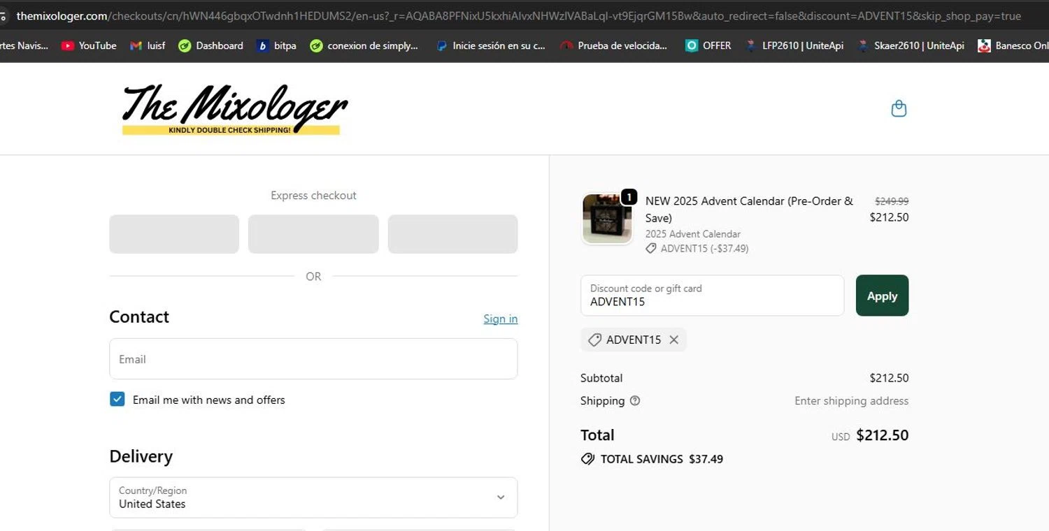 The Mixologer discount code screenshot showing code ADVENT15 applied at The Mixologer checkout page. Uploaded by SimplyCodes community member lfppernia on Nov 7, 2025