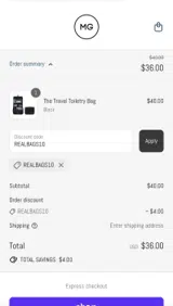 REALBAGS10 coupon verification screenshot