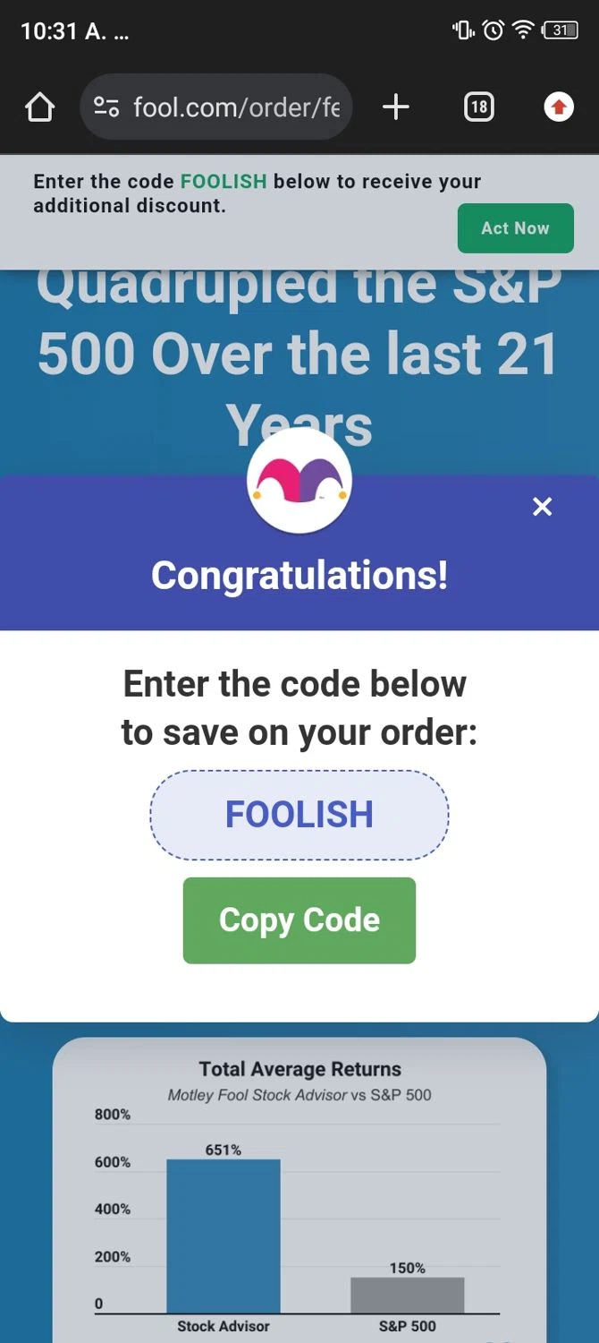 The Motley Fool checkout page showing The Motley Fool promo code box | Screenshot taken by SimplyCodes community member on Apr 7, 2024