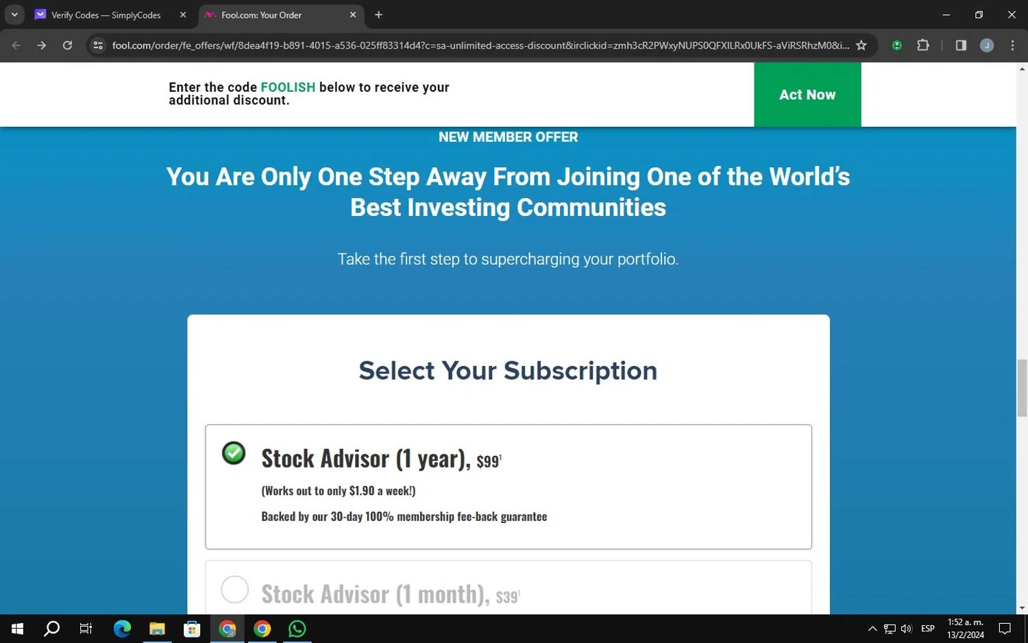 The Motley Fool checkout page showing The Motley Fool promo code box | Screenshot taken by SimplyCodes community member on Feb 13, 2024