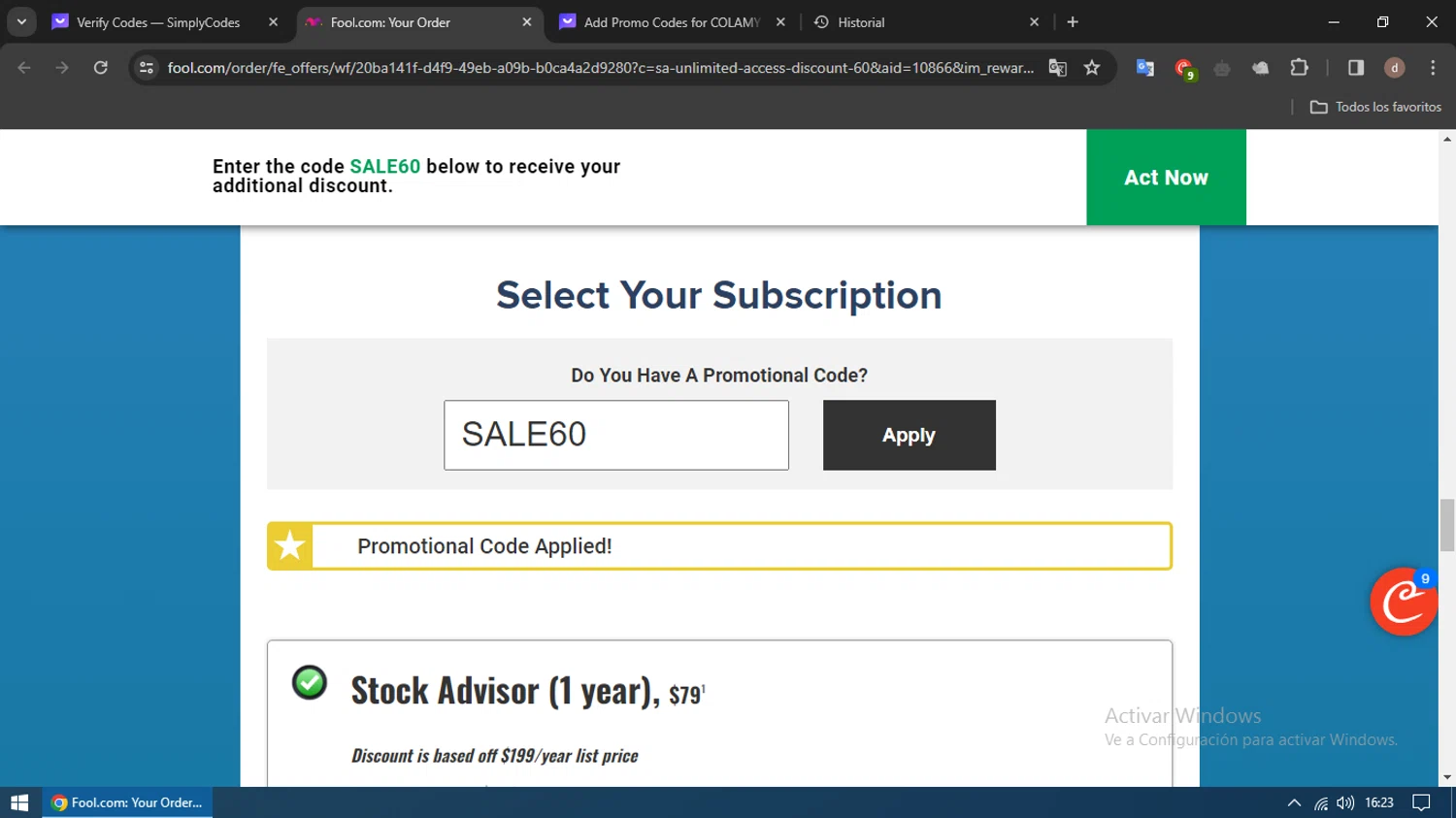 The Motley Fool checkout page showing The Motley Fool promo code box | Screenshot taken by SimplyCodes community member on Mar 7, 2024