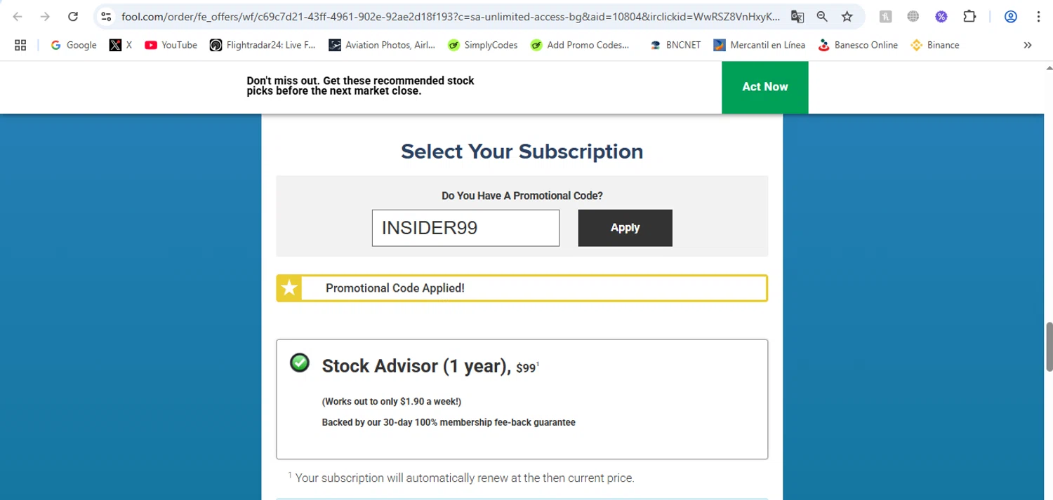 The Motley Fool promo code screenshot showing code INSIDER99 applied at The Motley Fool checkout page. Uploaded by SimplyCodes community member victor on Mar 15, 2025