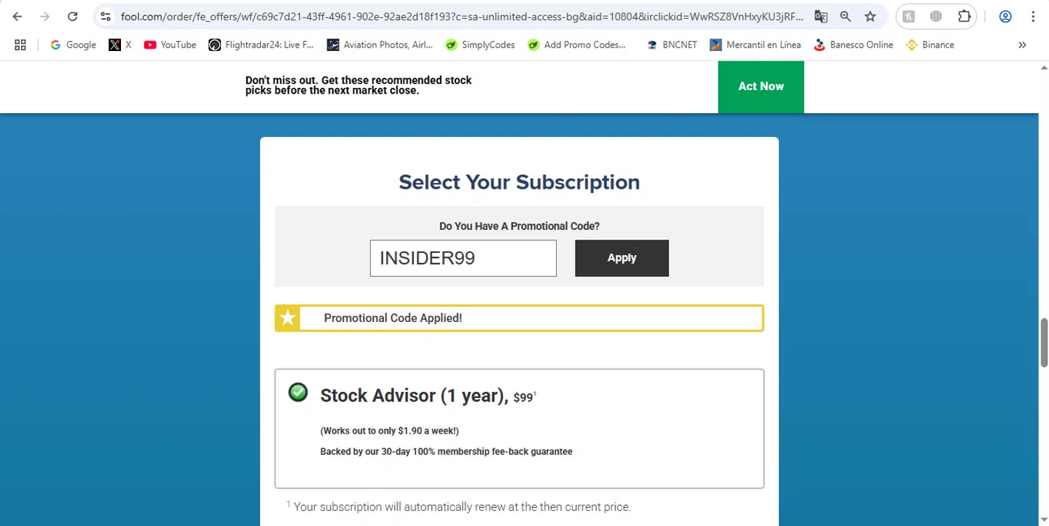 The Motley Fool promo code screenshot showing code INSIDER99 applied at The Motley Fool checkout page. Uploaded by SimplyCodes community member victor on Apr 28, 2025