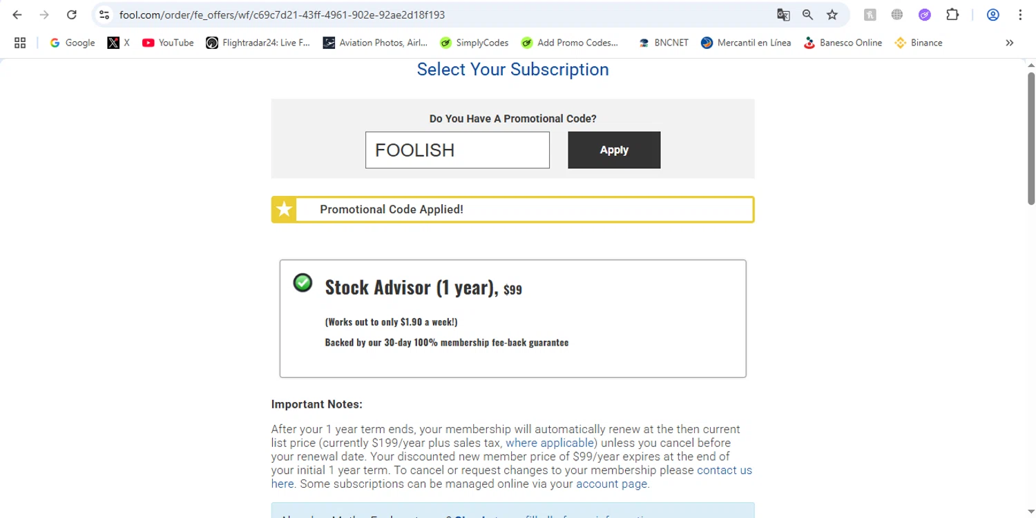 The Motley Fool promo code screenshot showing code FOOLISH applied at The Motley Fool checkout page. Uploaded by SimplyCodes community member victor on Jul 26, 2025