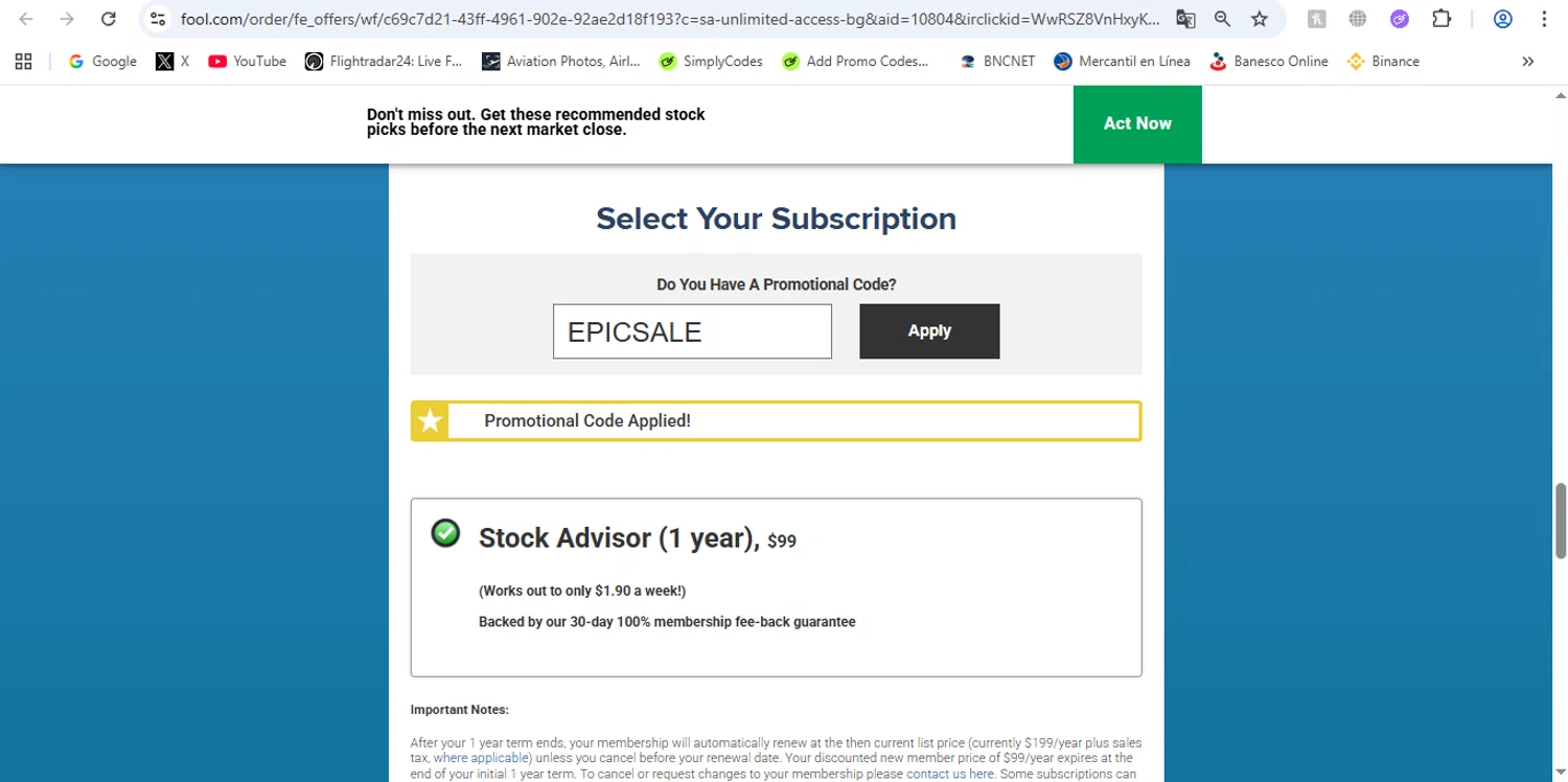 The Motley Fool promo code screenshot showing code EPICSALE applied at The Motley Fool checkout page. Uploaded by SimplyCodes community member victor on Sep 18, 2025