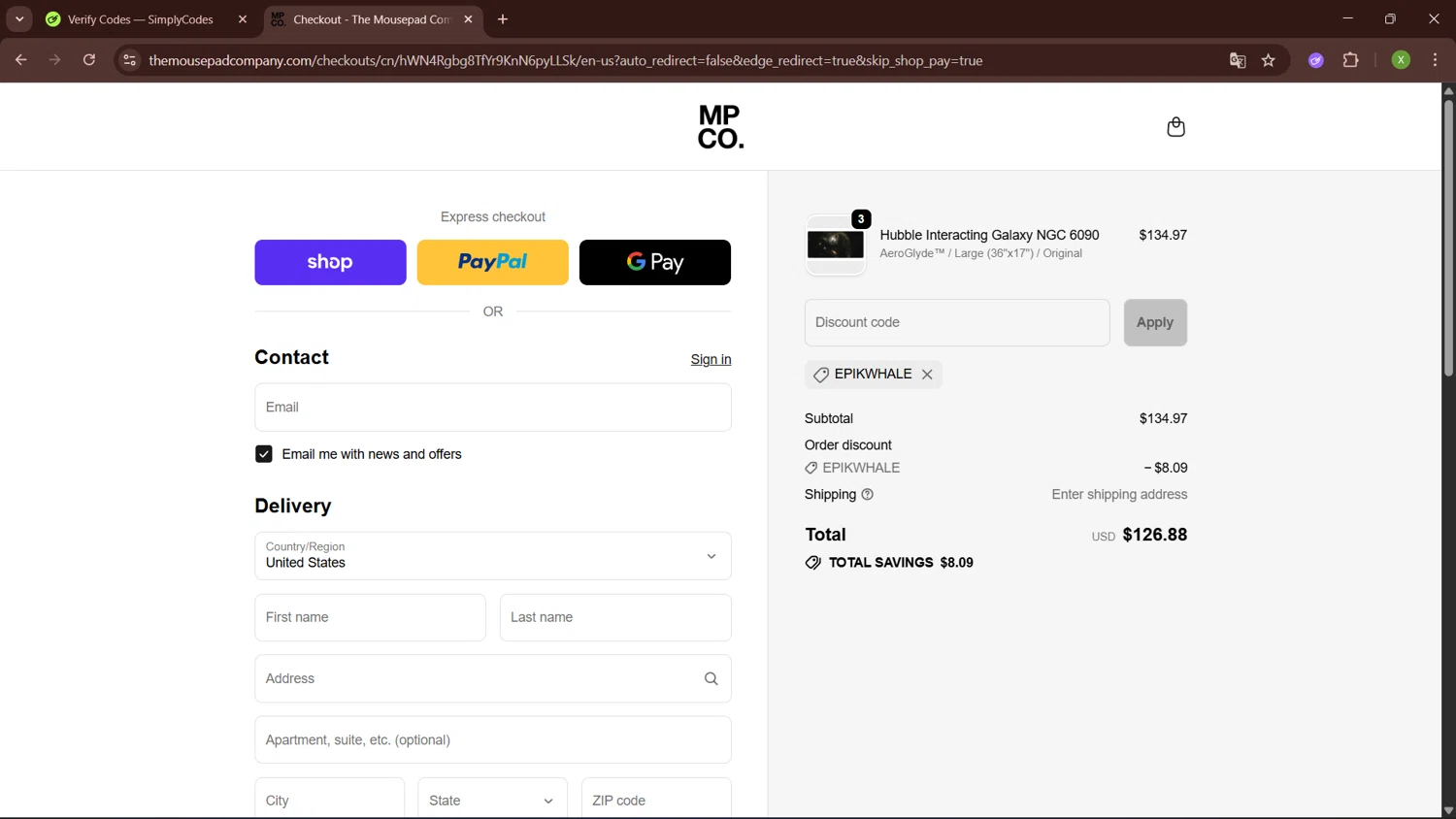 The Mousepad Company discount code screenshot showing code EPIKWHALE applied at The Mousepad Company checkout page. Uploaded by SimplyCodes community member SaleTiger1087 on Oct 23, 2025