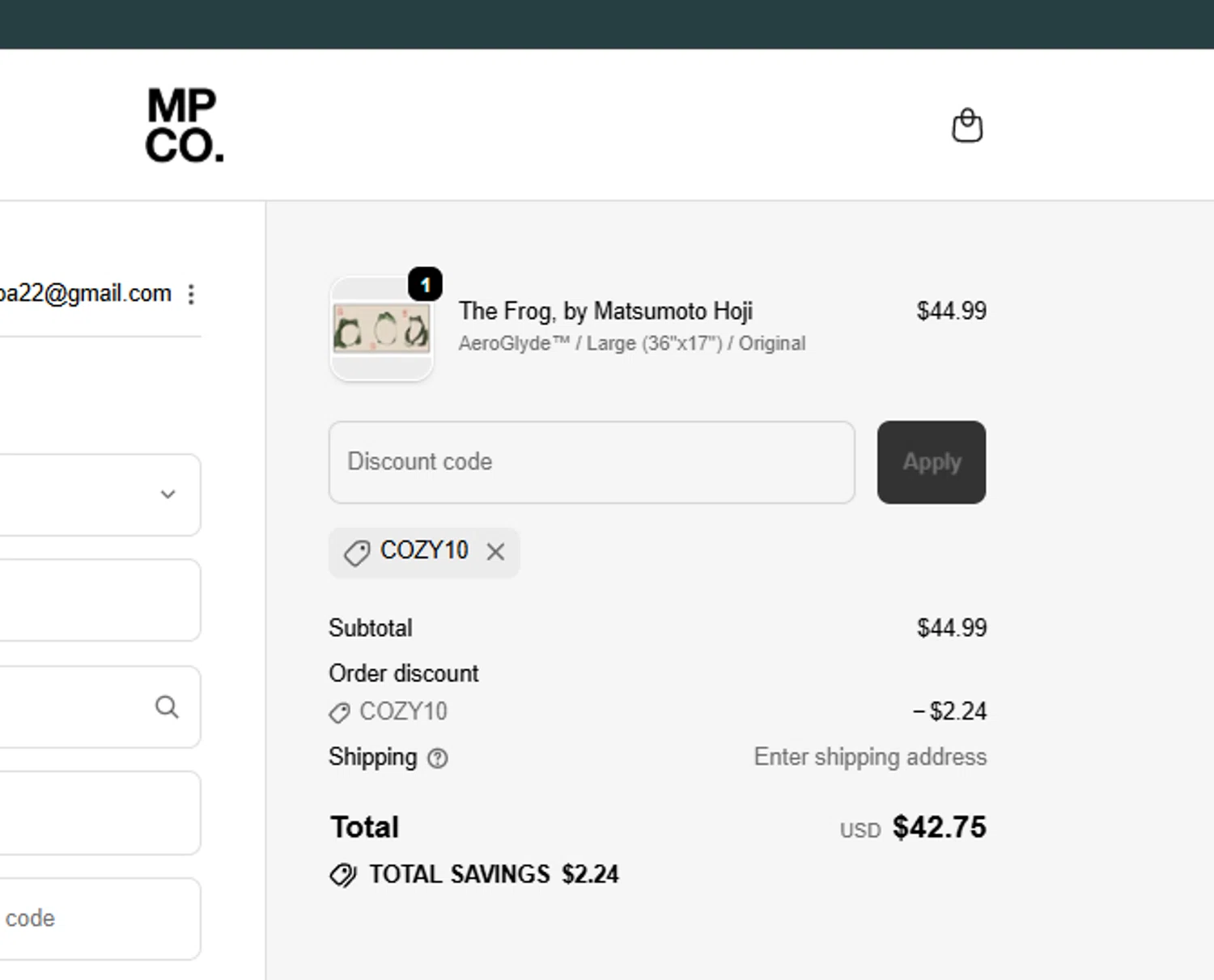The Mousepad Company discount code screenshot showing code COZY10 applied at The Mousepad Company checkout page. Uploaded by SimplyCodes community member alfock22 on Oct 19, 2025
