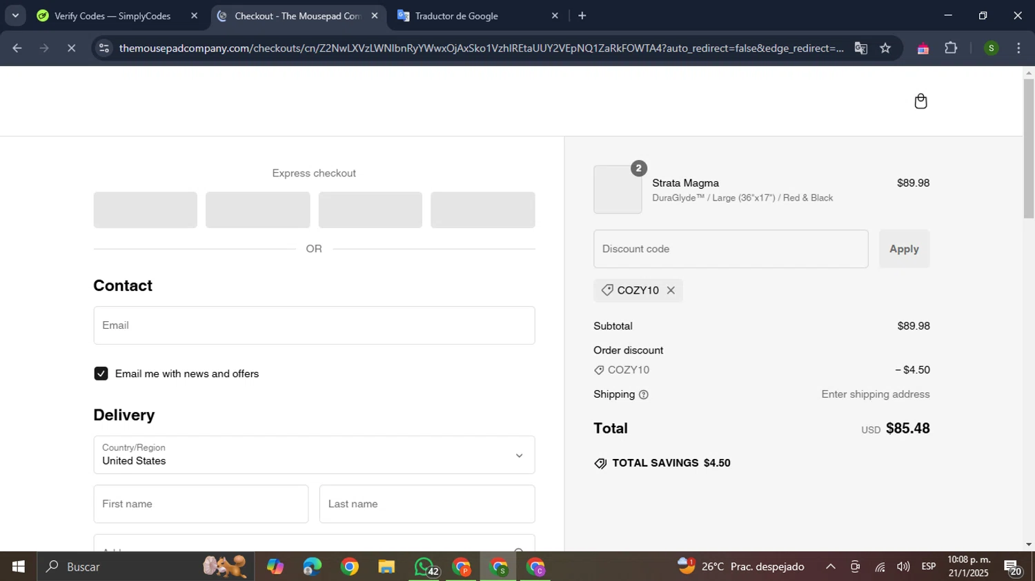 The Mousepad Company discount code screenshot showing code COZY10 applied at The Mousepad Company checkout page. Uploaded by SimplyCodes community member RewardMaverick445 on Jan 22, 2025