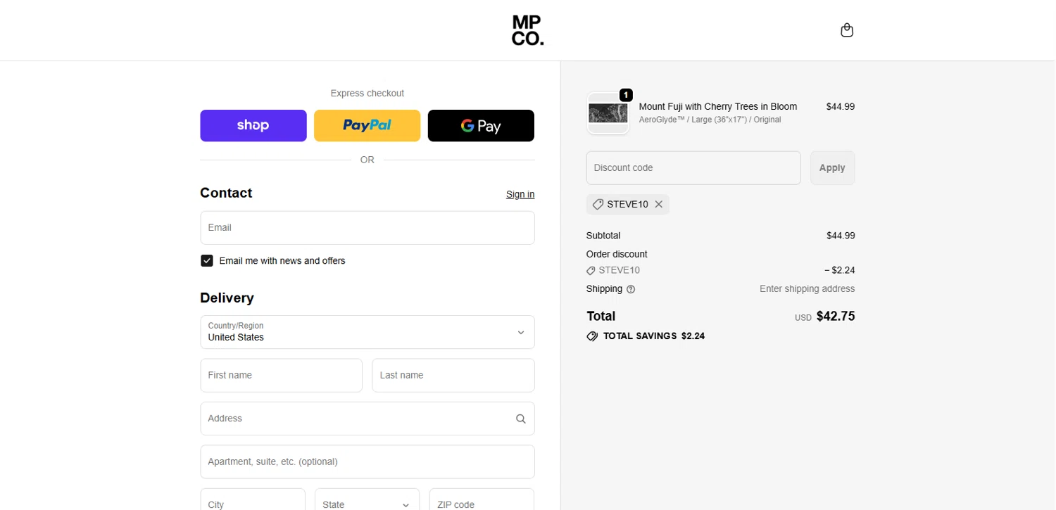 The Mousepad Company discount code screenshot showing code STEVE10 applied at The Mousepad Company checkout page. Uploaded by SimplyCodes community member kalltrom21 on Oct 15, 2025