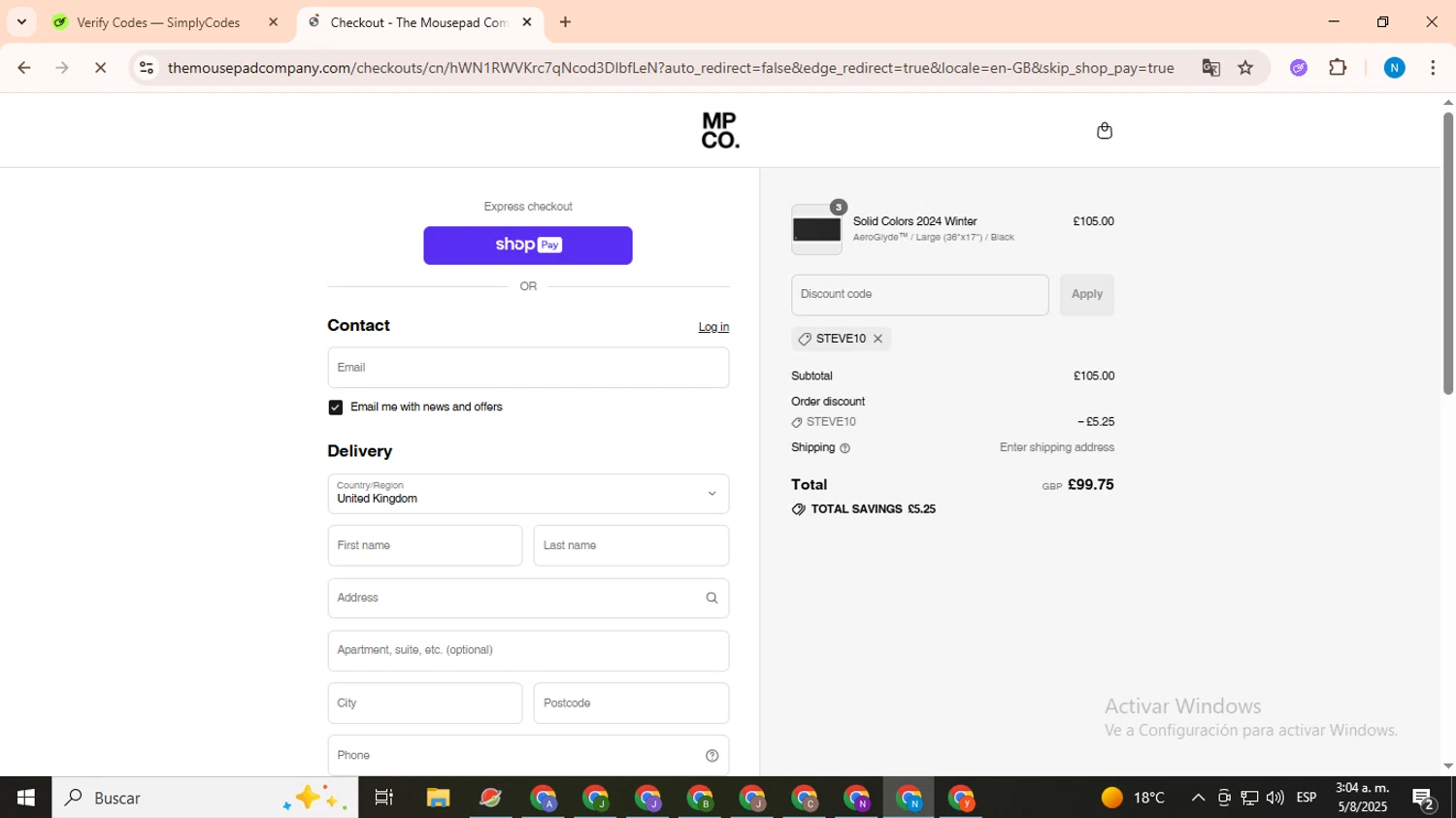 The Mousepad Company discount code screenshot showing code STEVE10 applied at The Mousepad Company checkout page. Uploaded by SimplyCodes community member CoinHawk678 on Aug 5, 2025