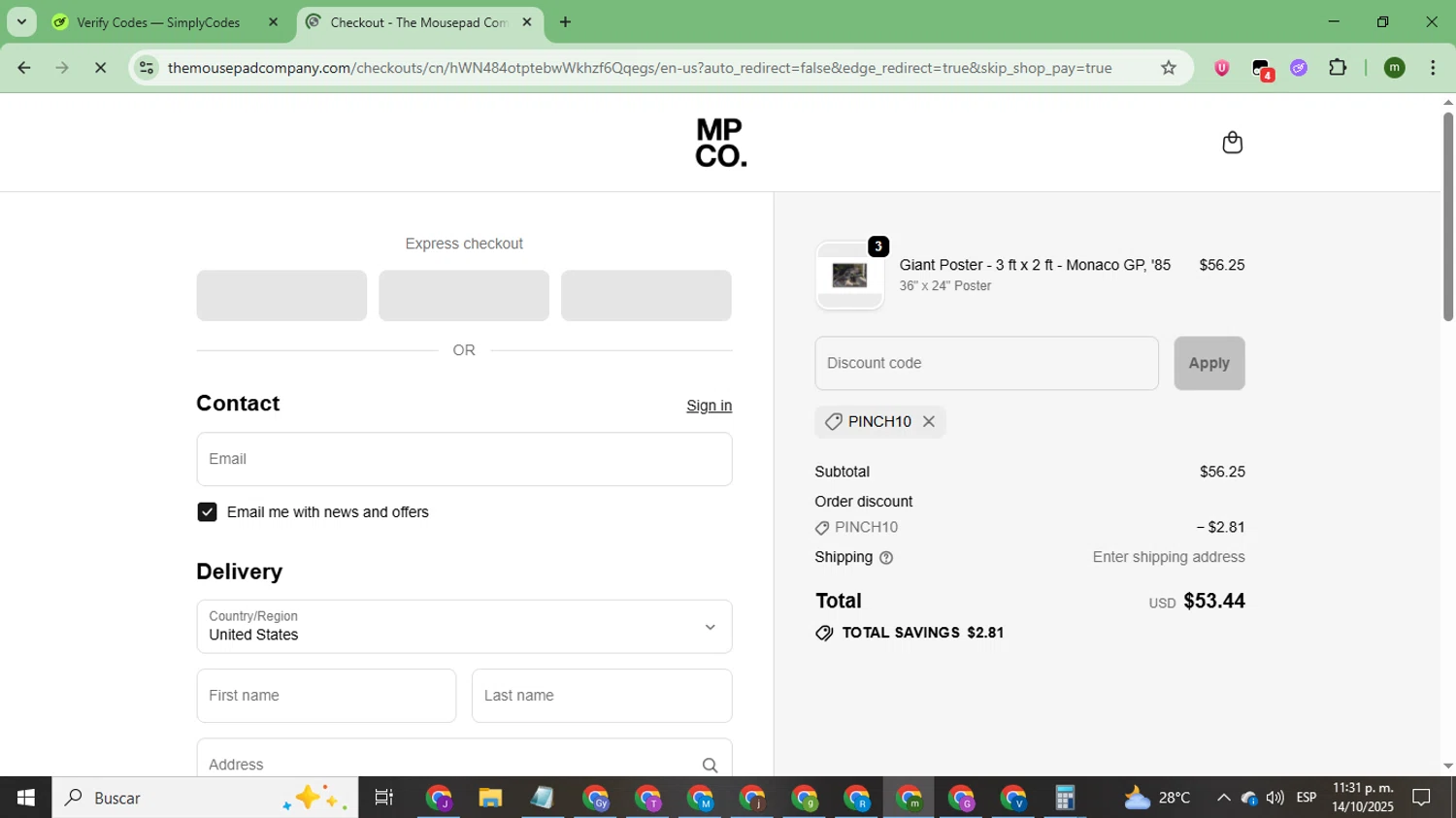 The Mousepad Company discount code screenshot showing code PINCH10 applied at The Mousepad Company checkout page. Uploaded by SimplyCodes community member CoinSage7057 on Oct 15, 2025