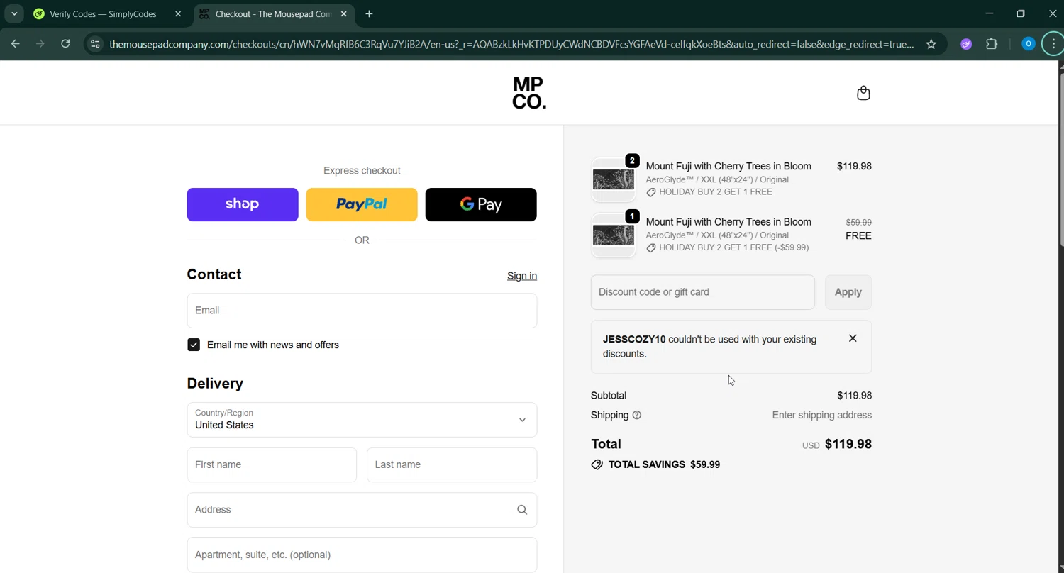 The Mousepad Company discount code screenshot showing code JESSCOZY10 applied at The Mousepad Company checkout page. Uploaded by SimplyCodes community member _____________ on Jan 23, 2026