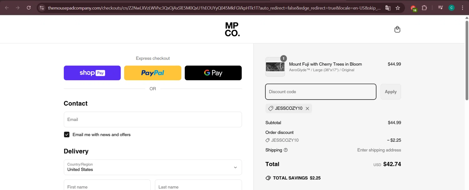 The Mousepad Company discount code screenshot showing code JESSCOZY10 applied at The Mousepad Company checkout page. Uploaded by SimplyCodes community member Negritoo on Mar 27, 2025