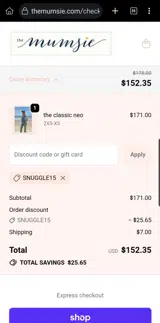 SNUGGLE15 coupon verification screenshot