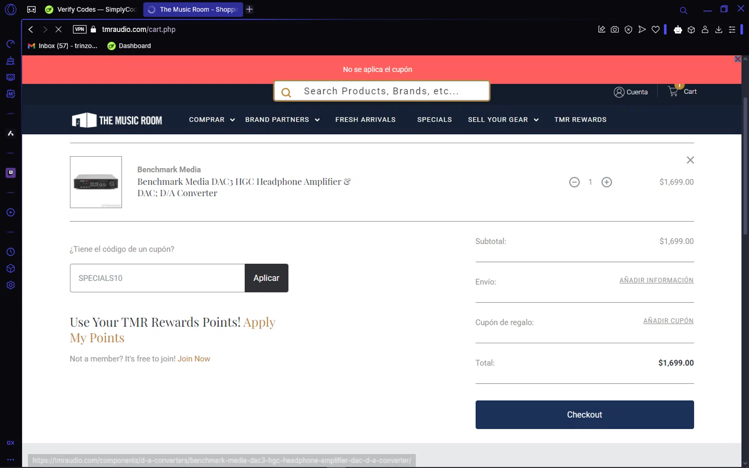 The Music Room checkout page showing The Music Room coupon code box | Screenshot taken by SimplyCodes community member on Jan 24, 2025