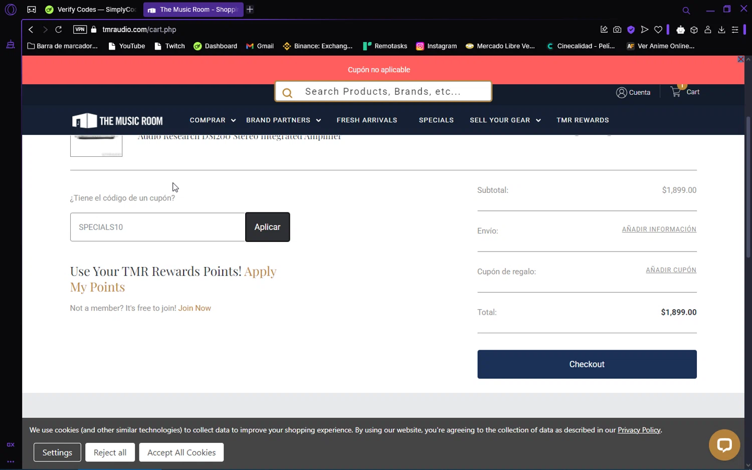 The Music Room checkout page showing The Music Room coupon code box | Screenshot taken by SimplyCodes community member on Jan 23, 2025