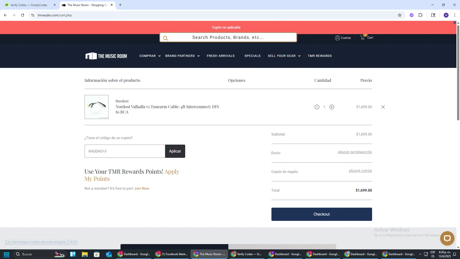 The Music Room coupon code screenshot showing code RADDAD15 applied at The Music Room checkout page. Uploaded by SimplyCodes community member CRF250CC on Jun 14, 2025