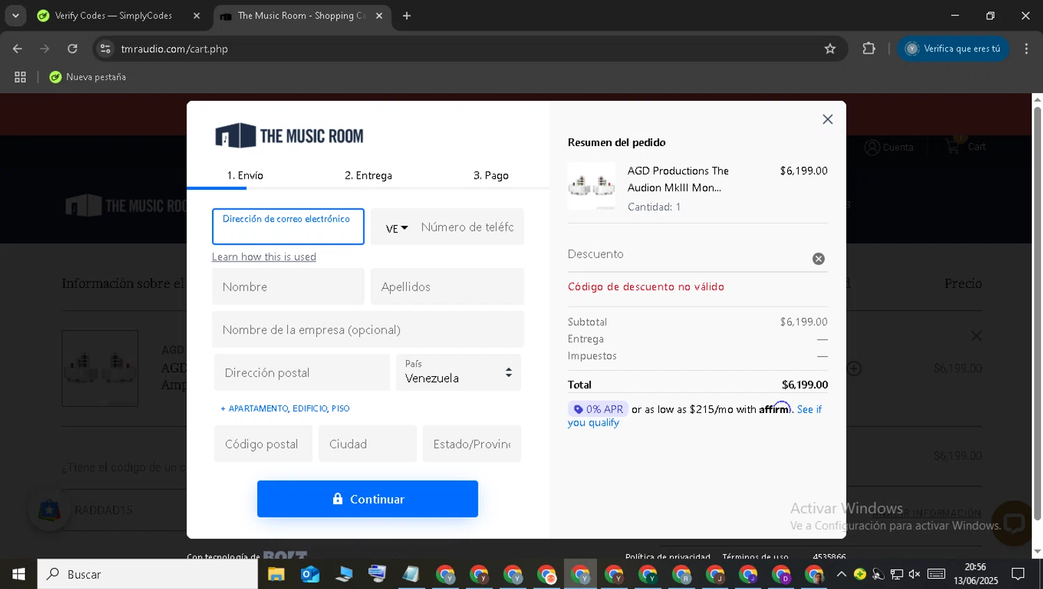 The Music Room coupon code screenshot showing code RADDAD15 applied at The Music Room checkout page. Uploaded by SimplyCodes community member TreasureGuardian552 on Jun 14, 2025
