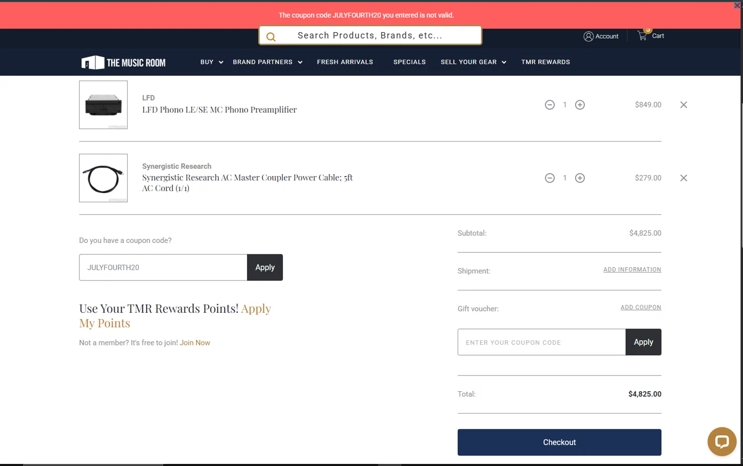 The Music Room coupon code screenshot showing code JULYFOURTH20 applied at The Music Room checkout page. Uploaded by SimplyCodes community member PrimeWhiz5416 on Aug 2, 2025