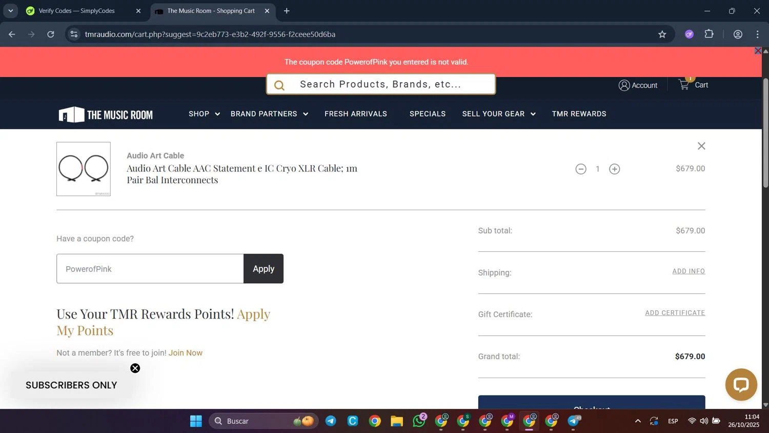 The Music Room coupon code screenshot showing code PowerofPink applied at The Music Room checkout page. Uploaded by SimplyCodes community member CleverFalcon6244 on Oct 26, 2025