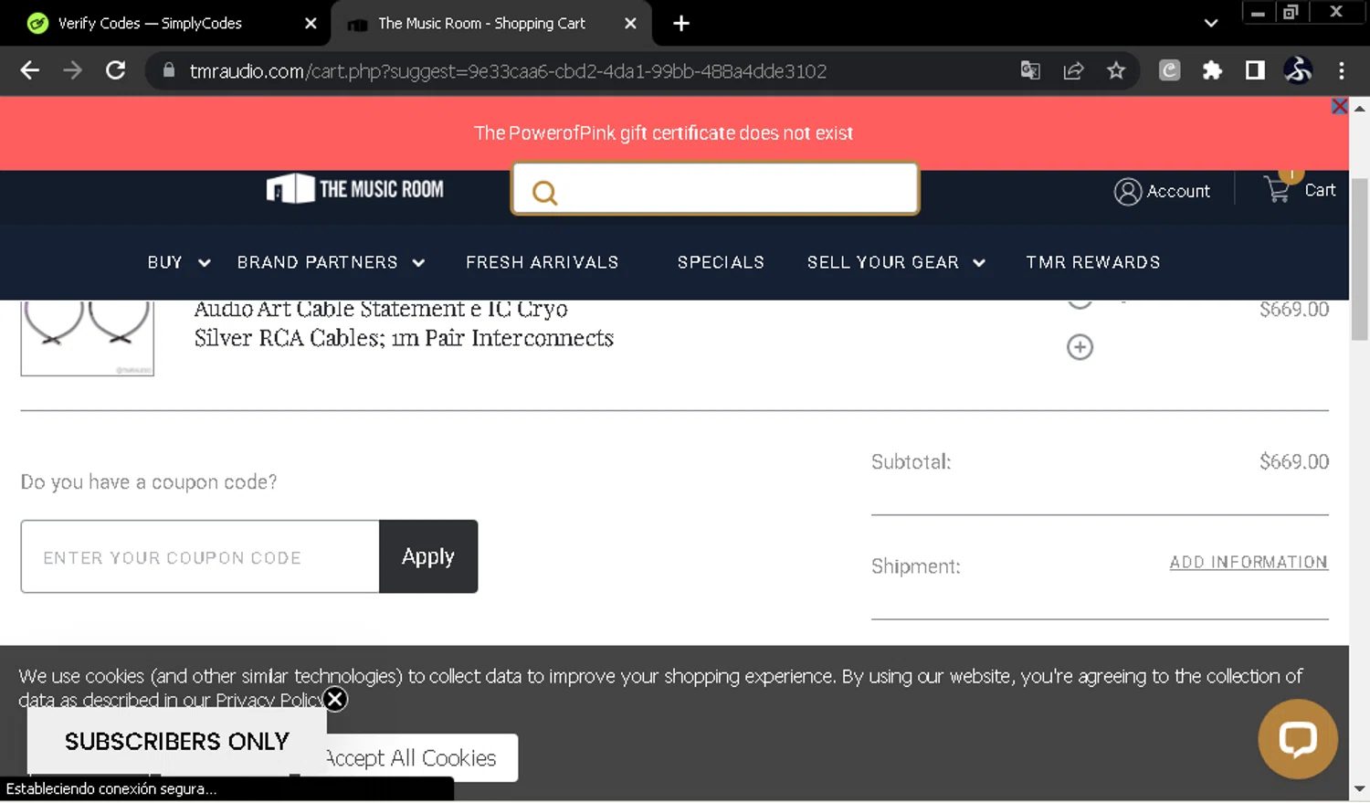 The Music Room coupon code screenshot showing code PowerofPink applied at The Music Room checkout page. Uploaded by SimplyCodes community member SwiftOwl697 on Oct 26, 2025