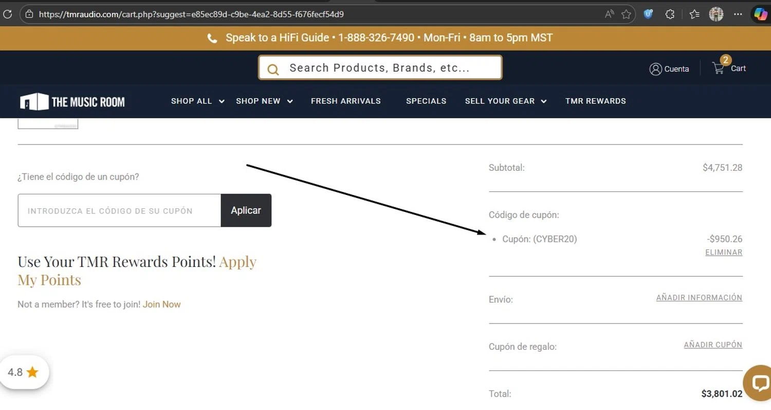The Music Room coupon code screenshot showing code CYBER20 applied at The Music Room checkout page. Uploaded by SimplyCodes community member HonestVzla on Dec 9, 2025