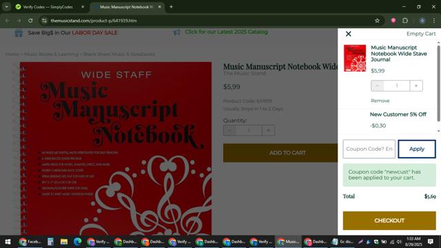 The Music Stand checkout page showing The Music Stand coupon code box | Screenshot taken by SimplyCodes community member on Aug 29, 2025