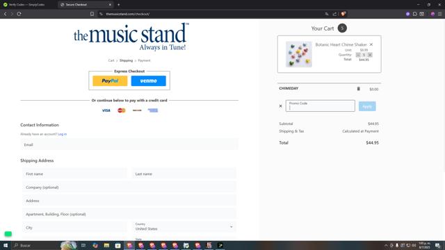 The Music Stand checkout page showing The Music Stand coupon code box | Screenshot taken by SimplyCodes community member on Jul 8, 2025