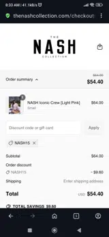 The Nash Collection coupon verification screenshot