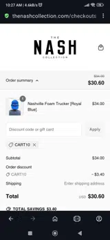 The Nash Collection coupon verification screenshot