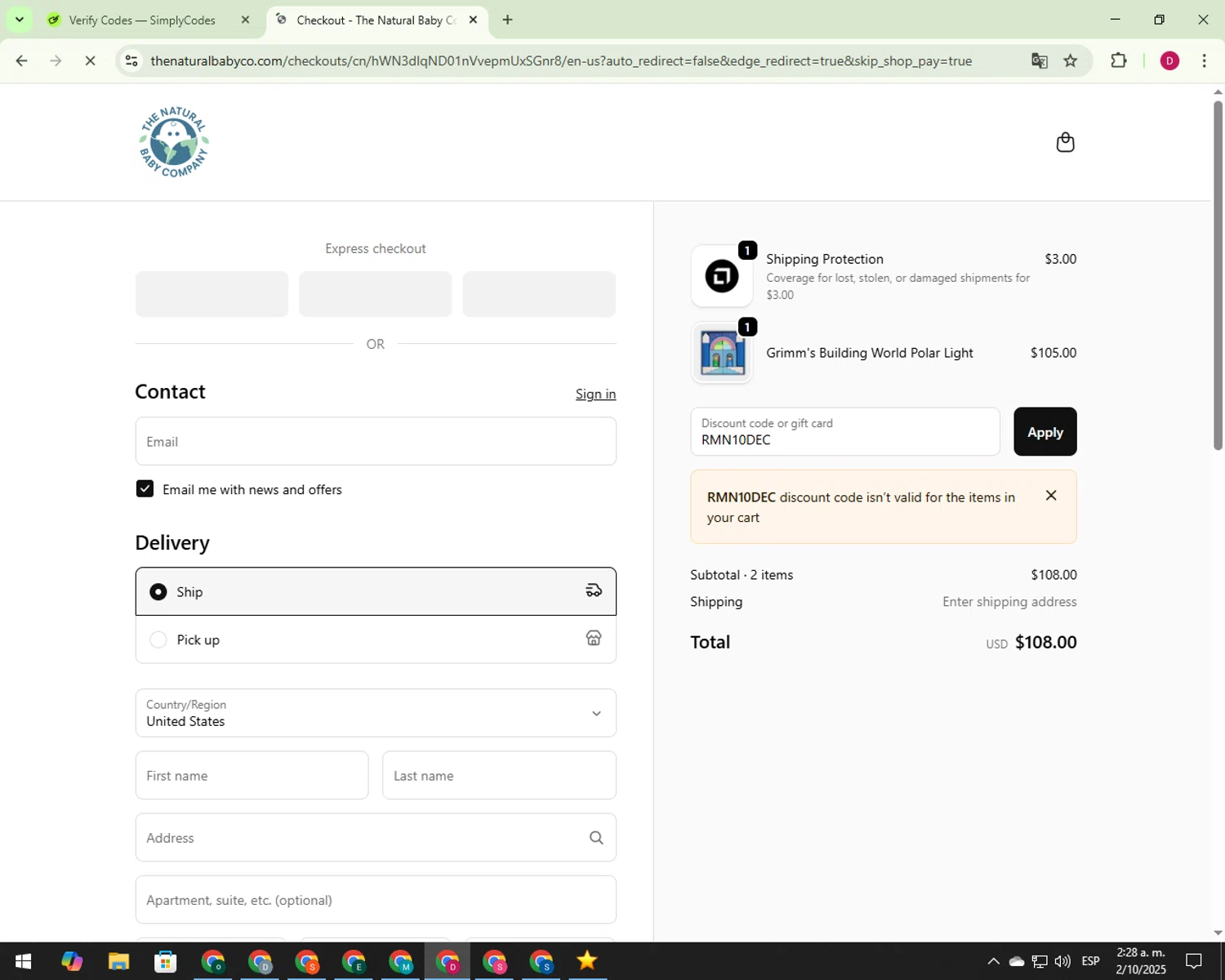 The Natural Baby Company coupon code screenshot showing code RMN10DEC applied at The Natural Baby Company checkout page. Uploaded by SimplyCodes community member 000012 on Oct 2, 2025