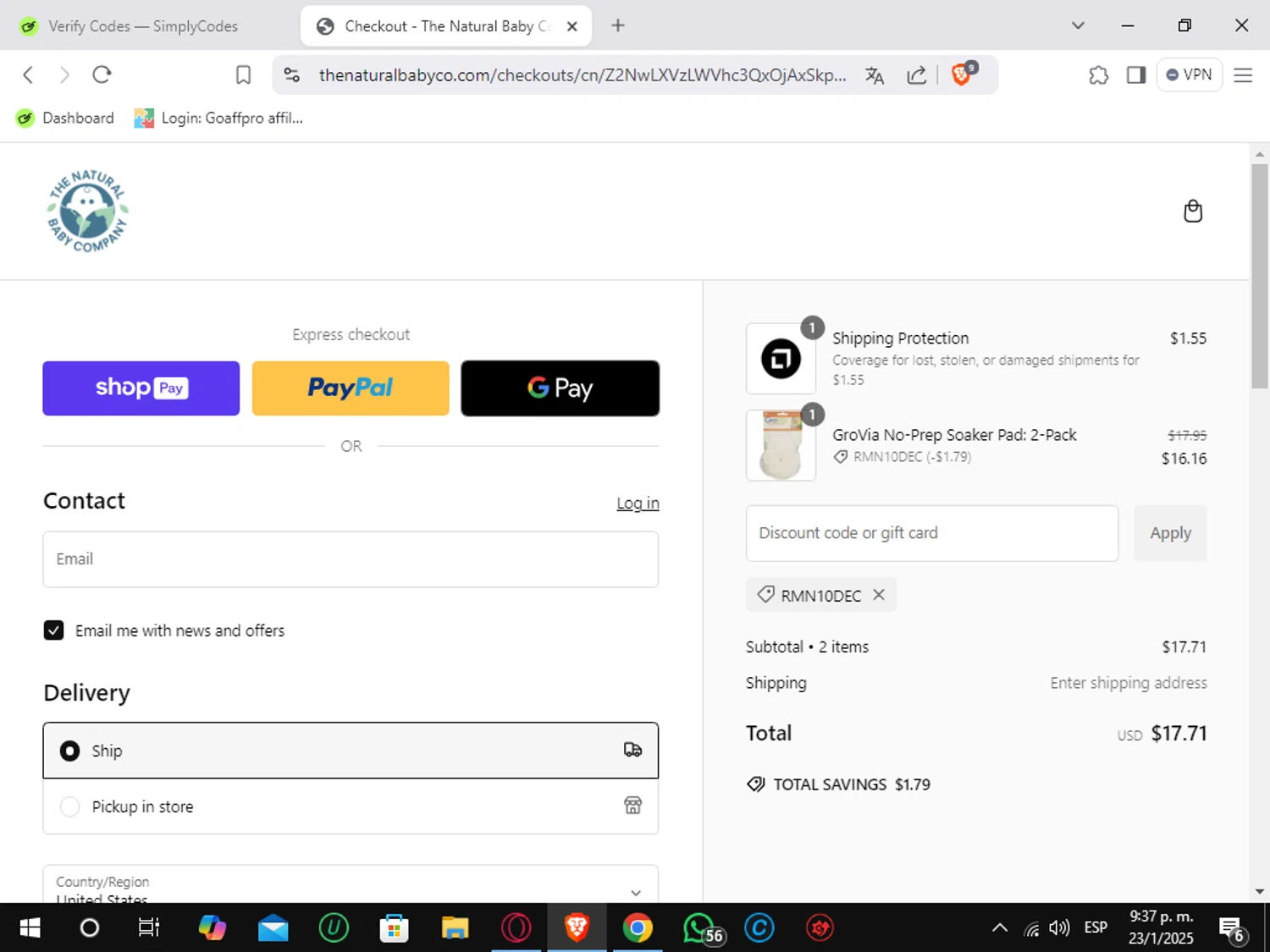 The Natural Baby Company coupon code screenshot showing code RMN10DEC applied at The Natural Baby Company checkout page. Uploaded by SimplyCodes community member Sungjinwoo on Jan 24, 2025